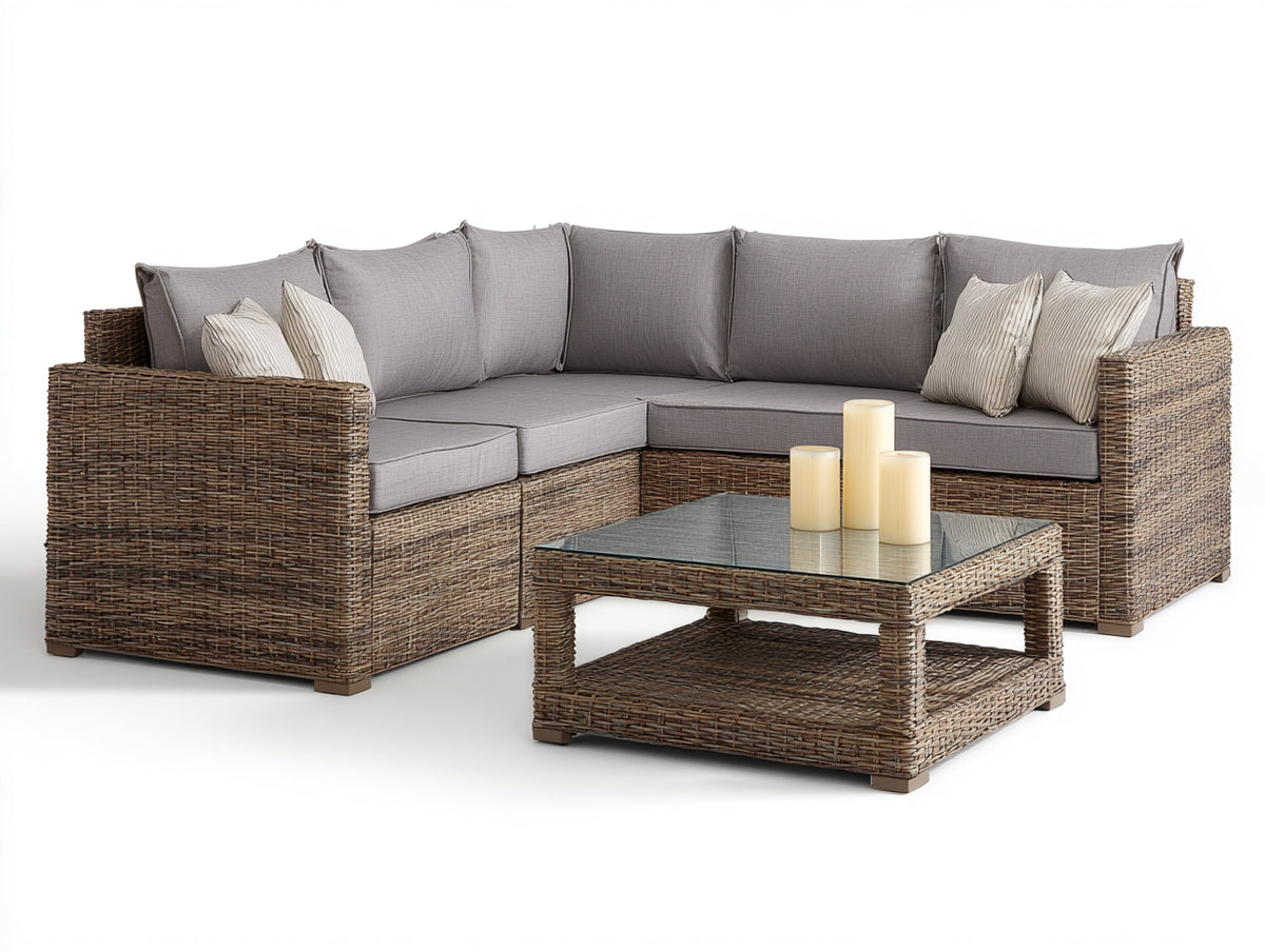 Sofás de exterior de ratán 235 x 235 x 80 cm - marrón natural y gris - sofá de esquina con mesa de centro cuadrada y diseño moderno