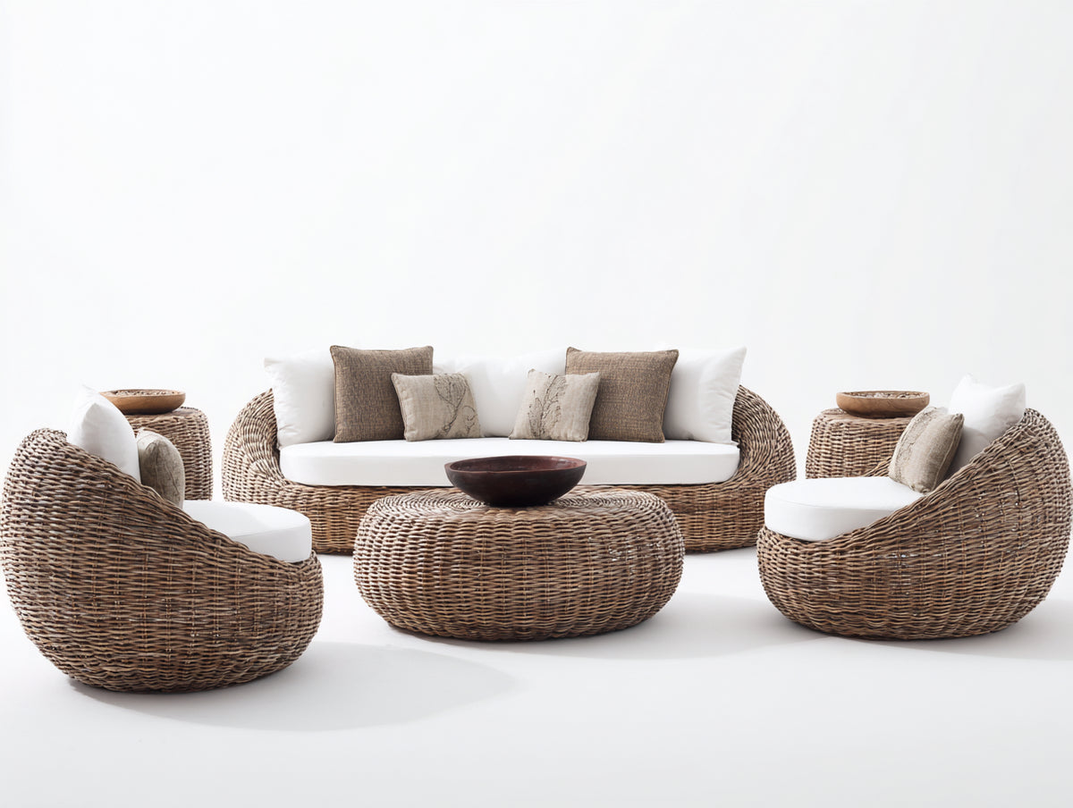 Sofás de exterior de ratán 190 x 85 x 80 cm - marrón natural y blanco - conjunto de 6 piezas con sofá sillones y mesas
