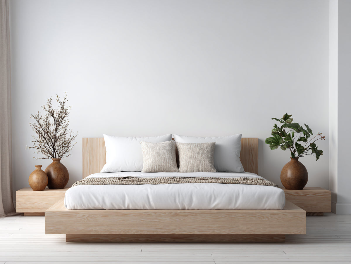 Camas dobles de madera 220x180x90 cm - Madera natural - Cabecero integrado - Diseño minimalista