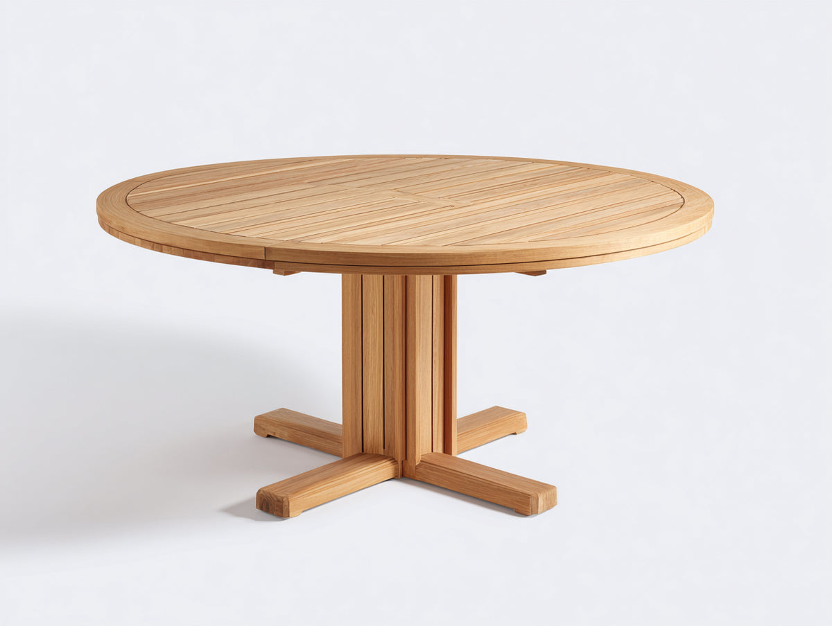 Mesas de jardín de madera 130 x 130 x 75 cm - madera natural - mesa redonda con base central de cuatro apoyos y diseño contemporáneo