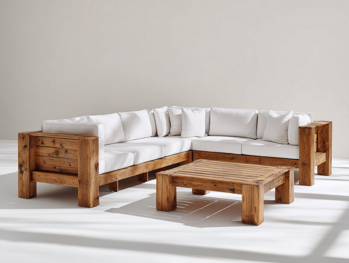 Sofás de exterior de madera 250x250x75 cm - blanco-marrón natural - diseño esquinero con mesa de centro