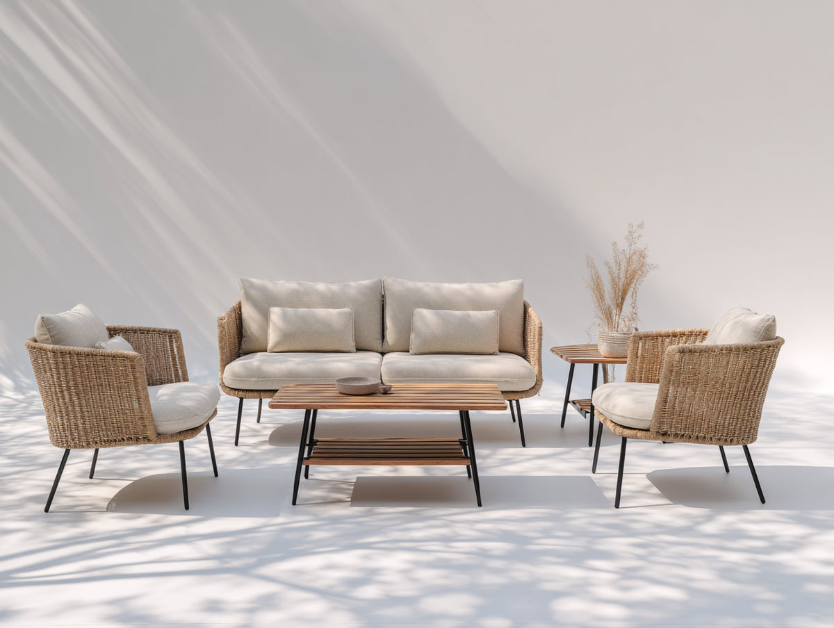 Sofás de exterior de ratán y metal 210x82x78 cm - beige-marrón natural-negro - conjunto para terraza