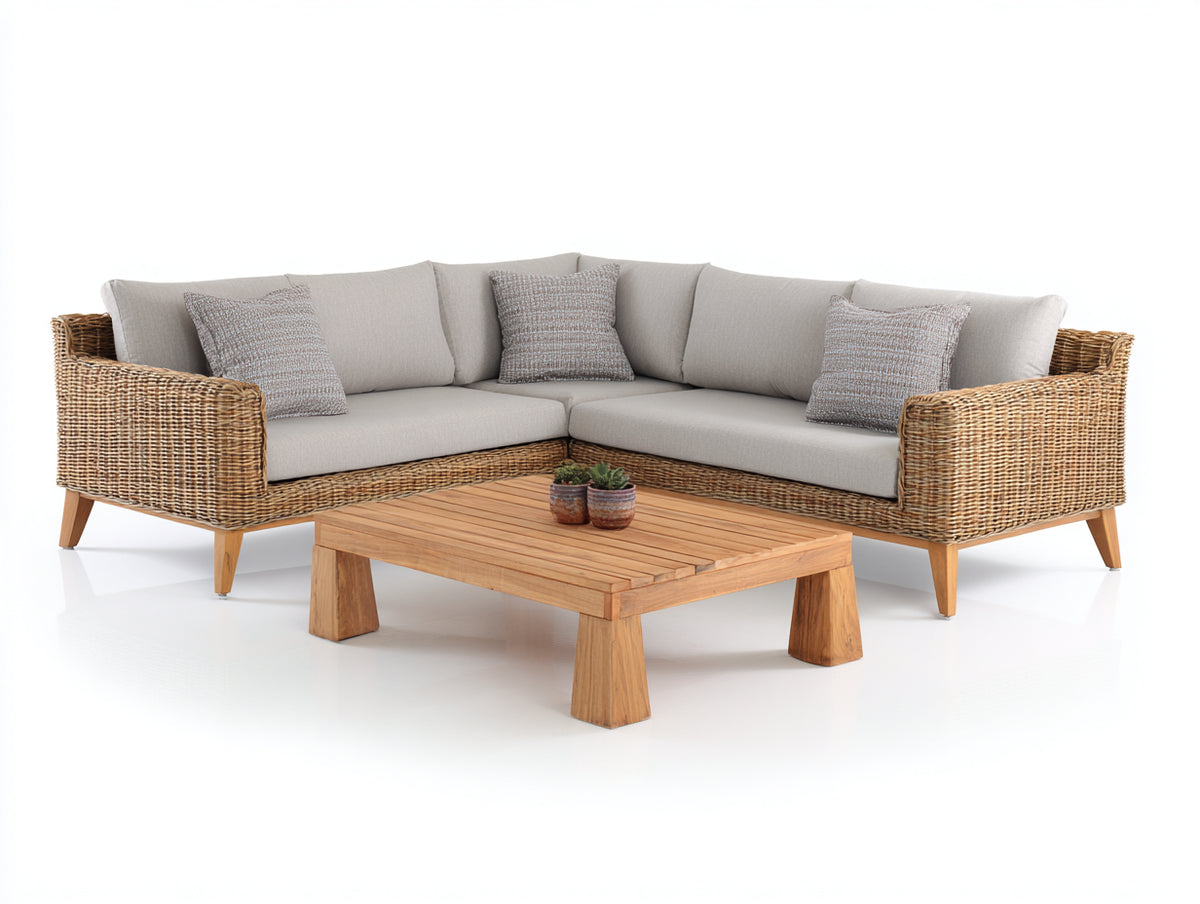 Sofás de exterior de ratán 250x250x78 cm - Marrón-Beige - Con mesa de centro de madera - Diseño contemporáneo