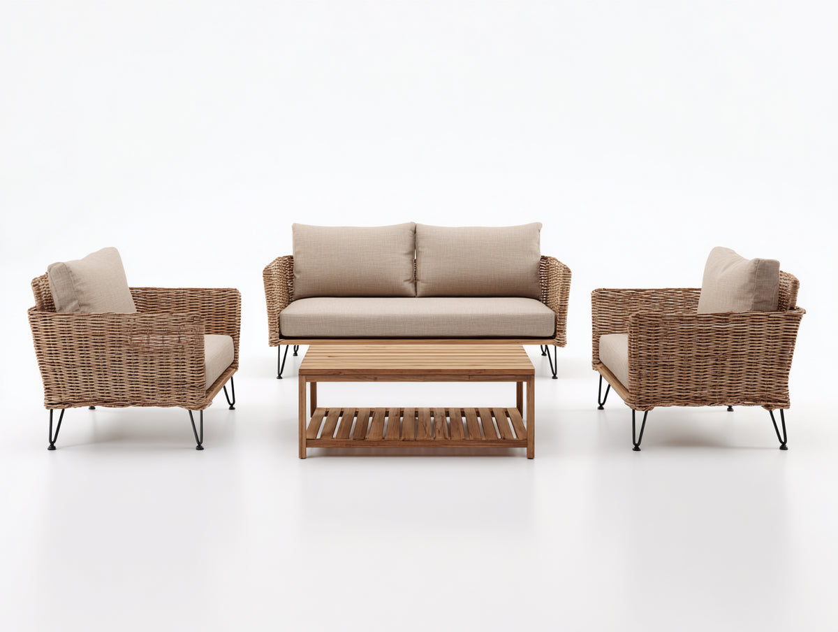 Sofás de exterior de ratán 160x80x78 cm - Marrón-Beige-Negro - Con 2 sillones y mesa de centro - Diseño contemporáneo