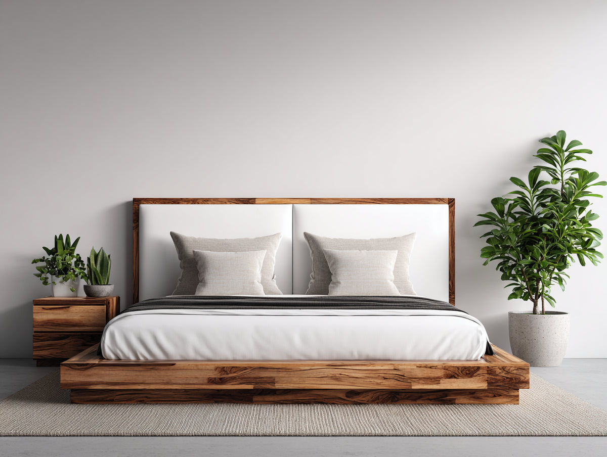 Camas dobles de madera maciza 200x180x95 cm - madera natural-blanco - diseño moderno para dormitorio