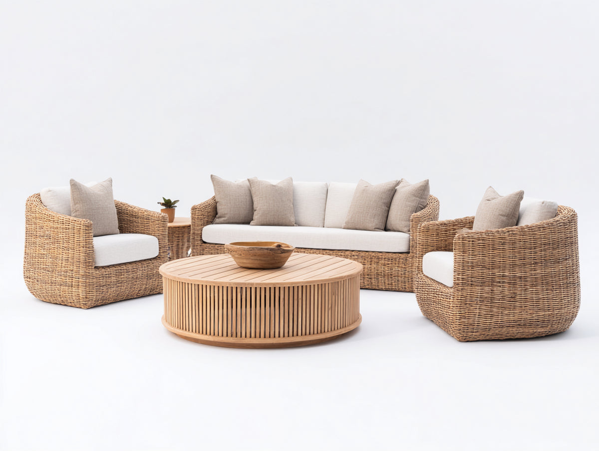 Sofá de exterior de ratán con conjunto de asientos 280x80x75 cm - color natural-blanco - diseño moderno para jardín