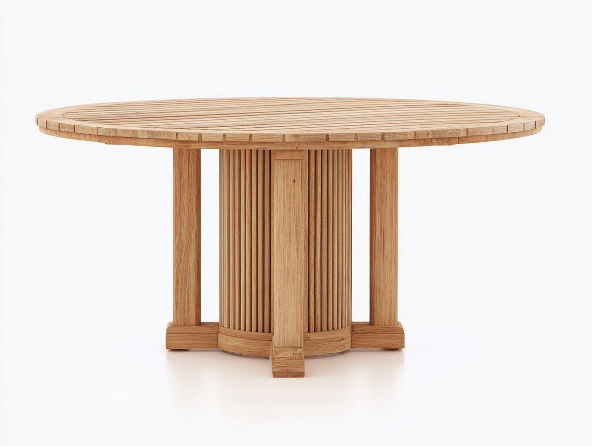 Mesas de jardín redondas de madera 150x150x75 cm - Madera natural - Base central con listones - Diseño contemporáneo