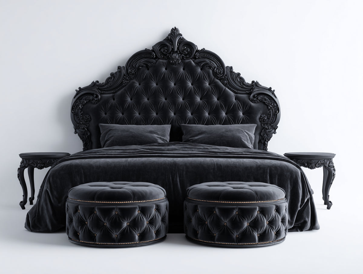 Camas dobles tapizada 220x200x185 cm - negro - diseño clásico con cabecero capitoné tallado