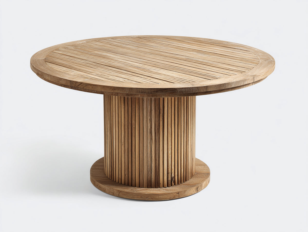 Mesas de jardín de madera 120 x 120 x 75 cm - madera natural - mesa redonda con base central acanalada y diseño contemporáneo