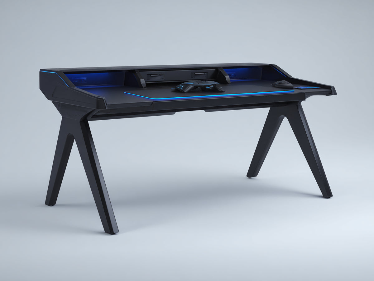 Mesas de oficina gaming 160x70x78 cm - Negro - Iluminación LED azul - 2 cajones - Diseño moderno