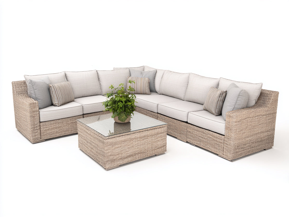 Sofás de exterior de ratán 280 x 220 x 82 cm - beige natural y beige claro - sofá de esquina con mesa de centro cuadrada y diseño moderno