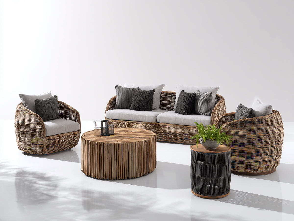 Sofás de exterior de ratán 200x85x80 cm - beige-marrón natural-negro - conjunto con sillones y mesas redondas