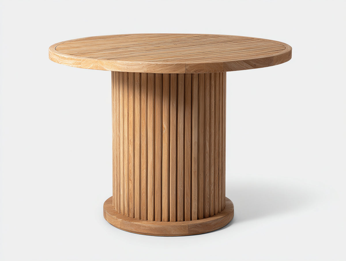Mesas de jardín redondas de madera 120x120x75 cm - Madera natural - Base cilíndrica acanalada - Diseño contemporáneo
