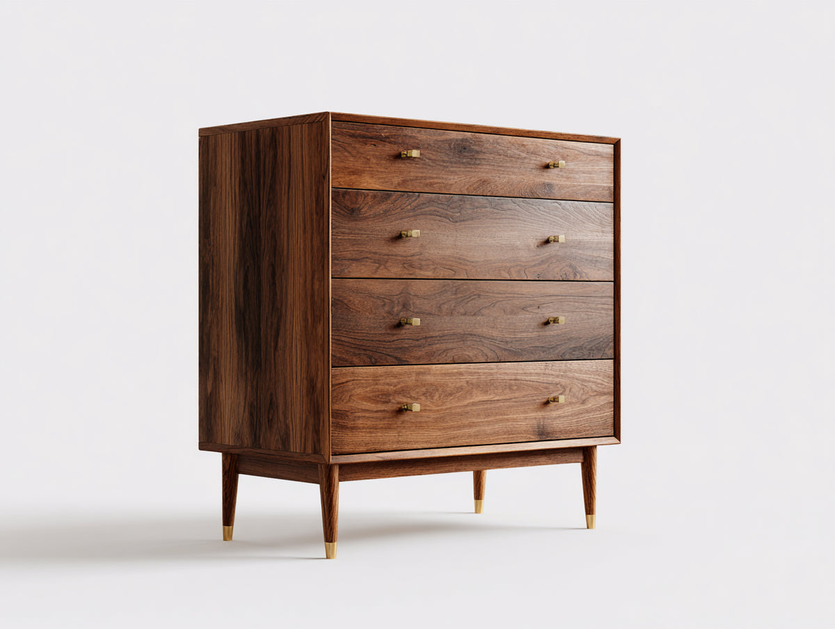 Mesitas de noche de madera 85 x 45 x 110 cm - marrón nogal y dorado - mesita con 4 cajones y patas elevadas de diseño moderno