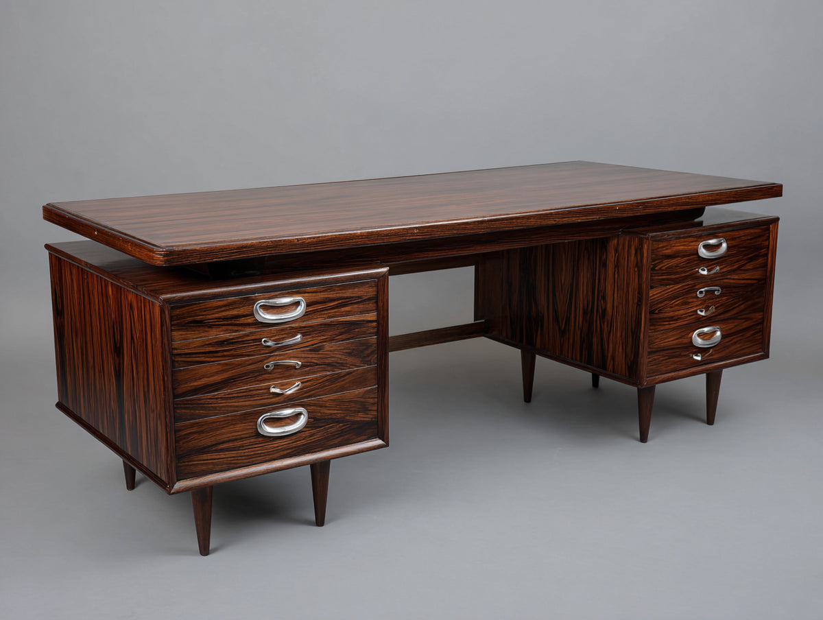 Mesas de oficina de madera 220x80x76 cm - marrón - diseño clásico con 6 cajones y doble pedestal