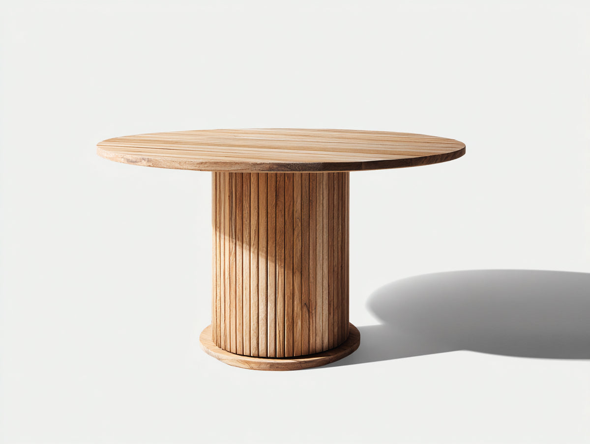 Mesas de jardín de madera 140x140x75 cm - marrón natural - mesa redonda con base cilíndrica acanalada