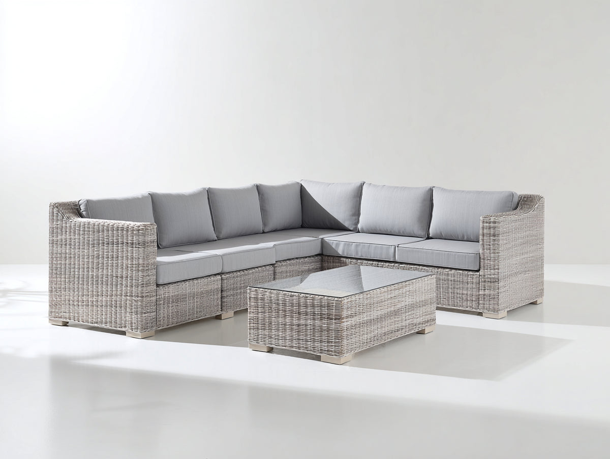 Sofás de exterior de ratán 230 x 230 x 78 cm - gris claro y gris - sofá de esquina con mesa de centro cuadrada y diseño moderno