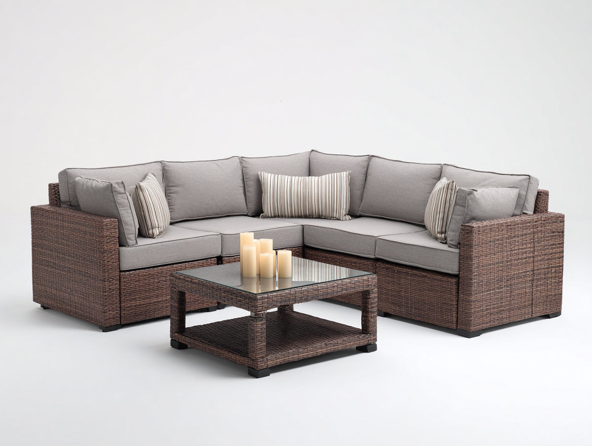 Sofás de exterior de ratán 250x250x75 cm - gris claro-marrón oscuro - conjunto esquinero con mesa cuadrada de cristal