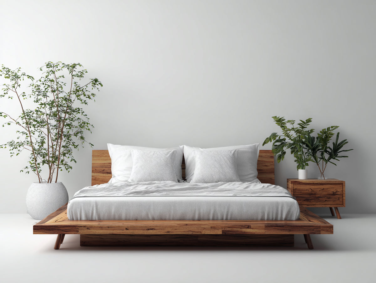 Camas dobles de madera 220x200x100 cm - madera natural - diseño moderno con plataforma baja