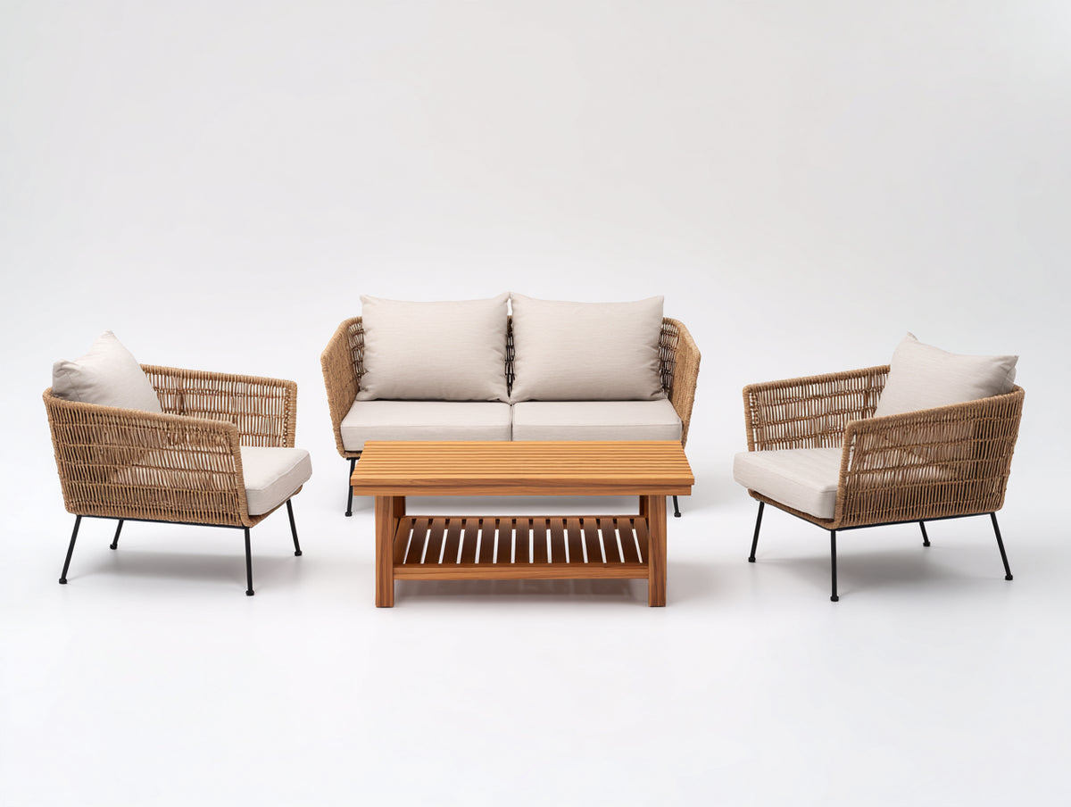 Sofás de exterior de ratán y madera 190x80x78 cm - beige-marrón natural-negro - conjunto con sillones y mesa de centro