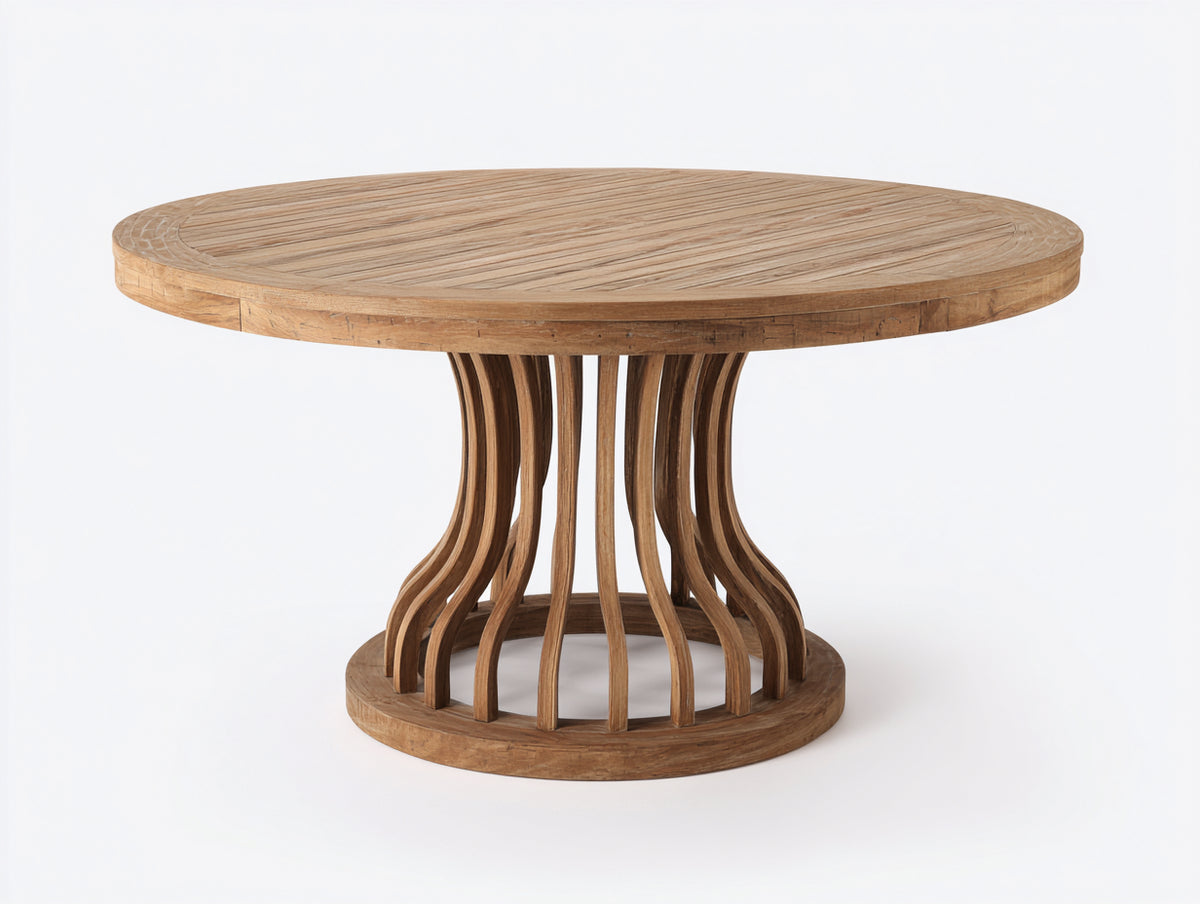 Mesas de jardín de madera 180x180x75 cm - marrón natural - mesa redonda con base curva