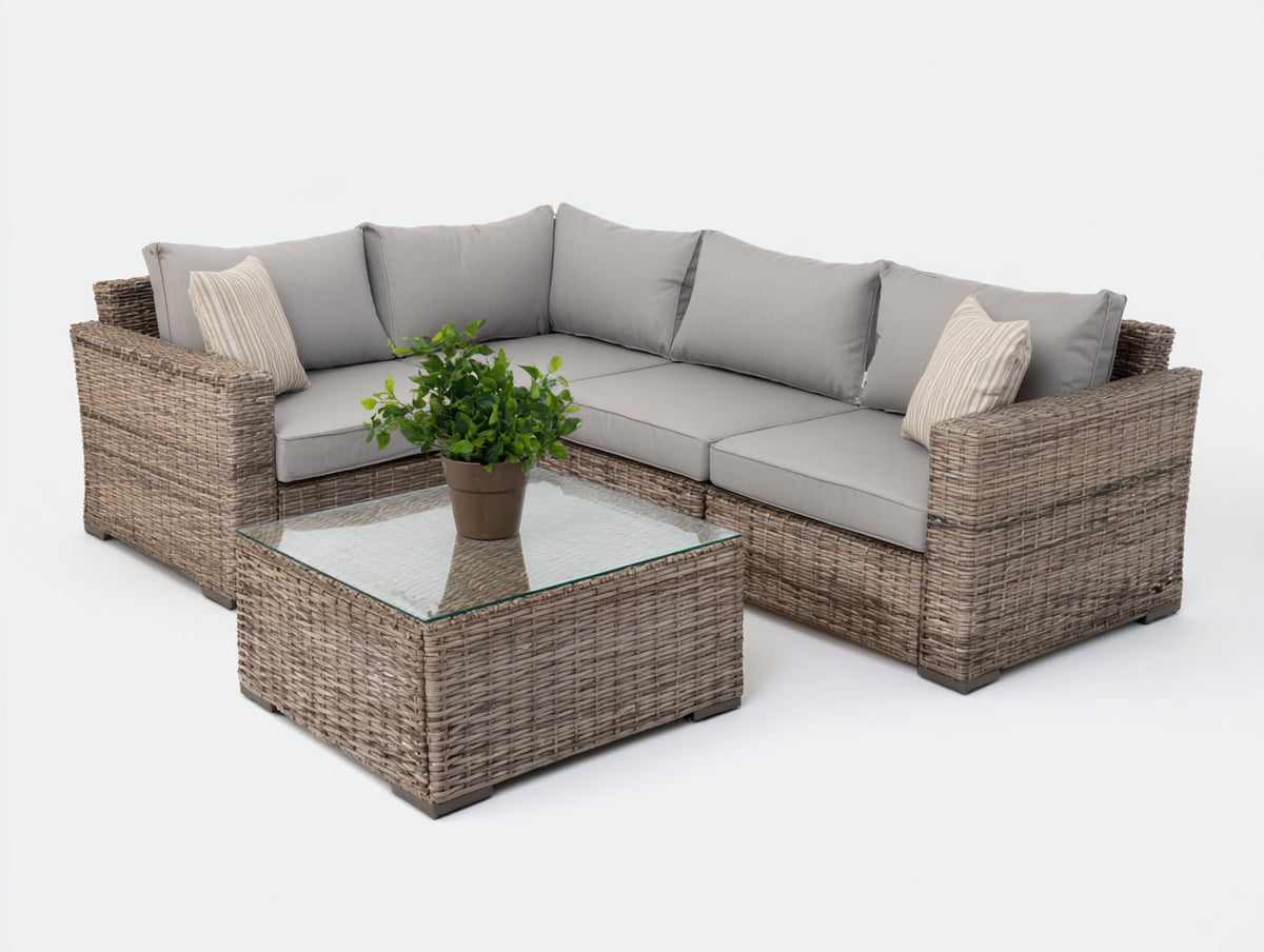 Sofás de exterior de ratán 260x210x75 cm - gris claro-marrón grisáceo - conjunto esquinero con mesa cuadrada de cristal